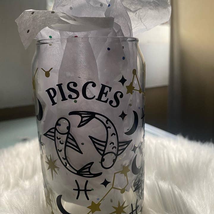 Creations by LMH – wholesale Drinking glass/cup – Pisces Zodiac Beer Can Glass, Pisces Can Glass