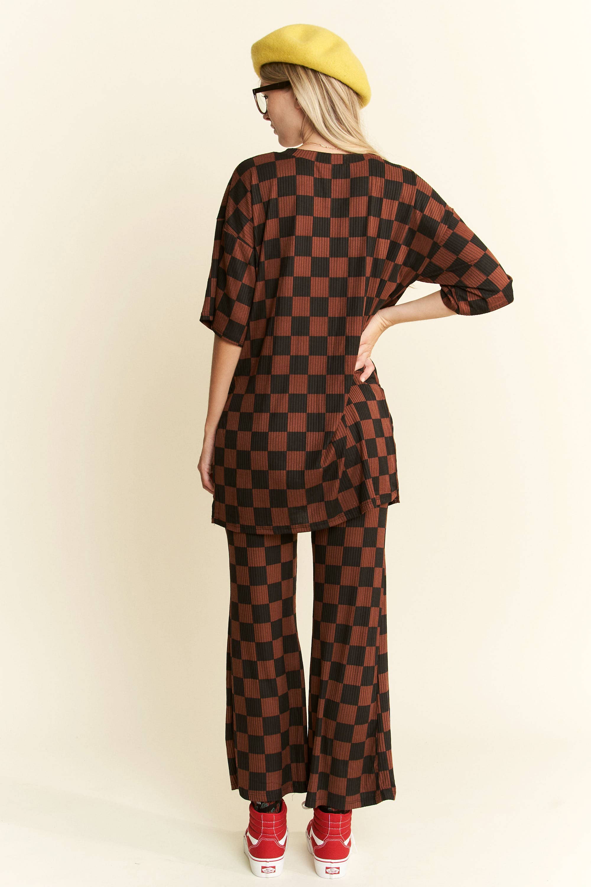 JADE BY JANE - Wholesale Lounge Set - Women's - RIBBED CHECKERED PRINT TOP/STRAIGHT LEG PANTS SET50