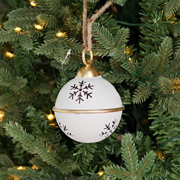 570531- 4inD White Jingle Bell w. Golden edge and Snowflake- for wholesale by Holiday Depot Inc.