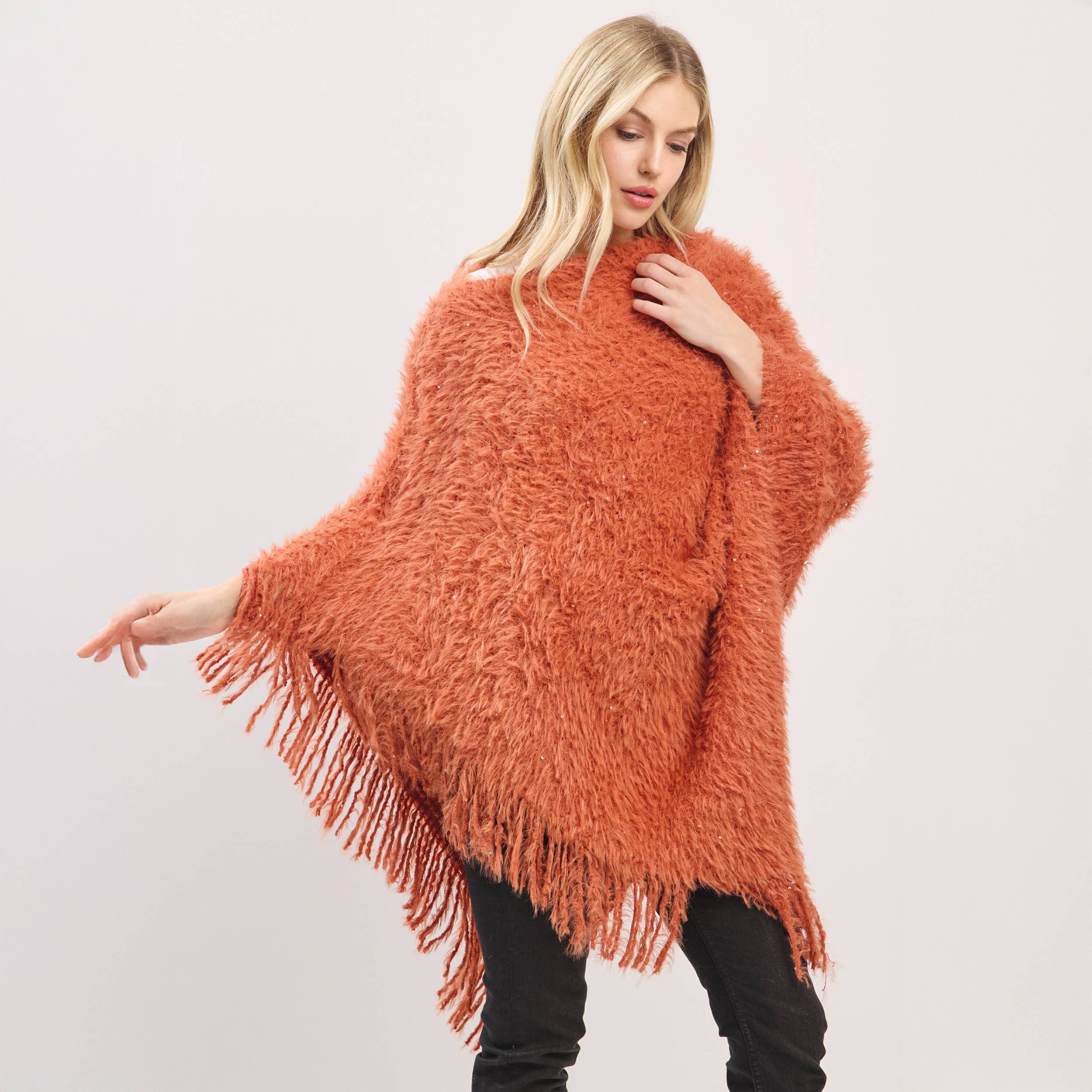 Hana – wholesale Poncho – Women's – Fuzzy Sequin with Fringe Light Weight Poncho15