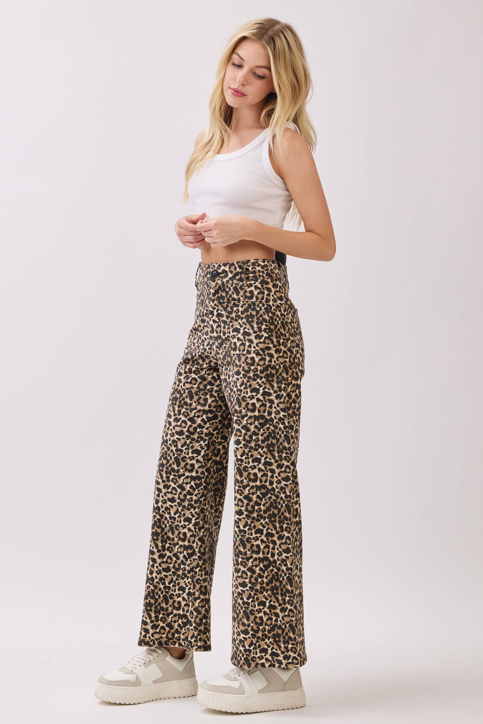 BROWN Stretch Twill Leopard Wide Leg Pants for wholesale on Faire5