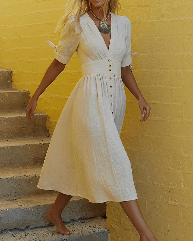 Blanco Vestido midi casual de lino de manga corta con lazo SKD152 de venta al por mayor en Faire9