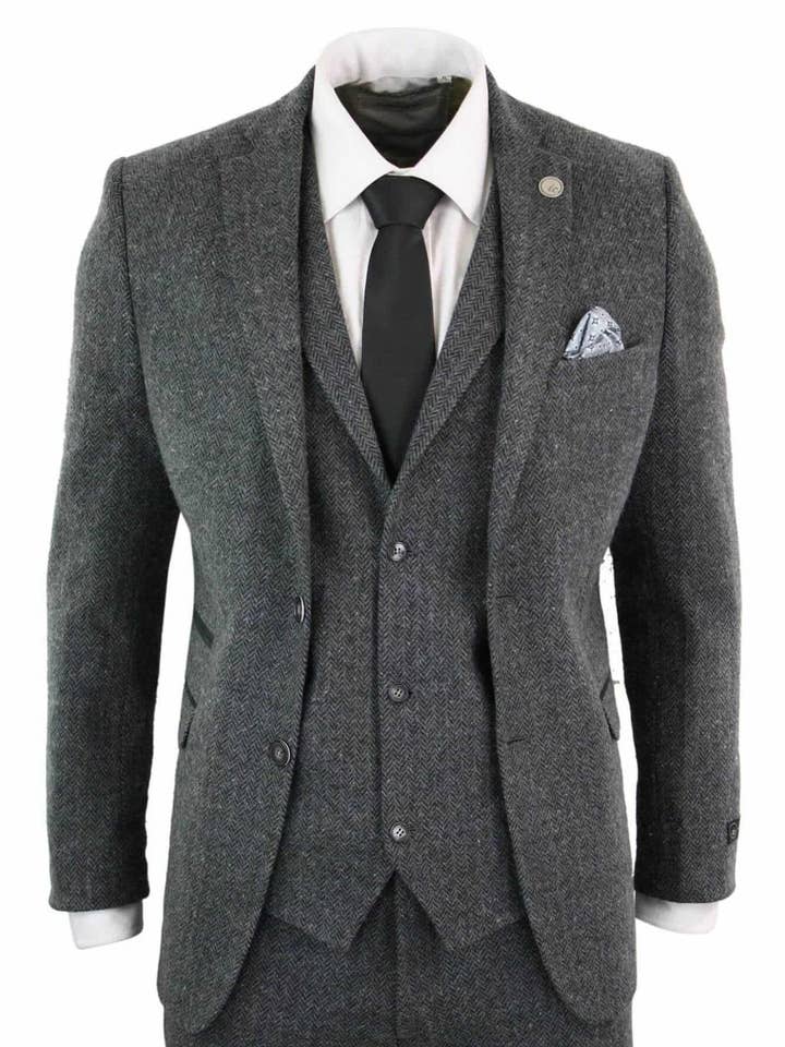 Men's 3 Piece Charcoal Grey Herringbone Tweed Suit for wholesale on Faire