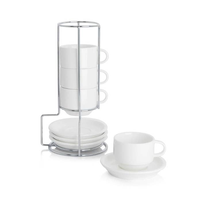 Sweese - Wholesale Coffee/Tea Cup - 4 Ounce Porcelain Espresso Cups with Saucers and Stand