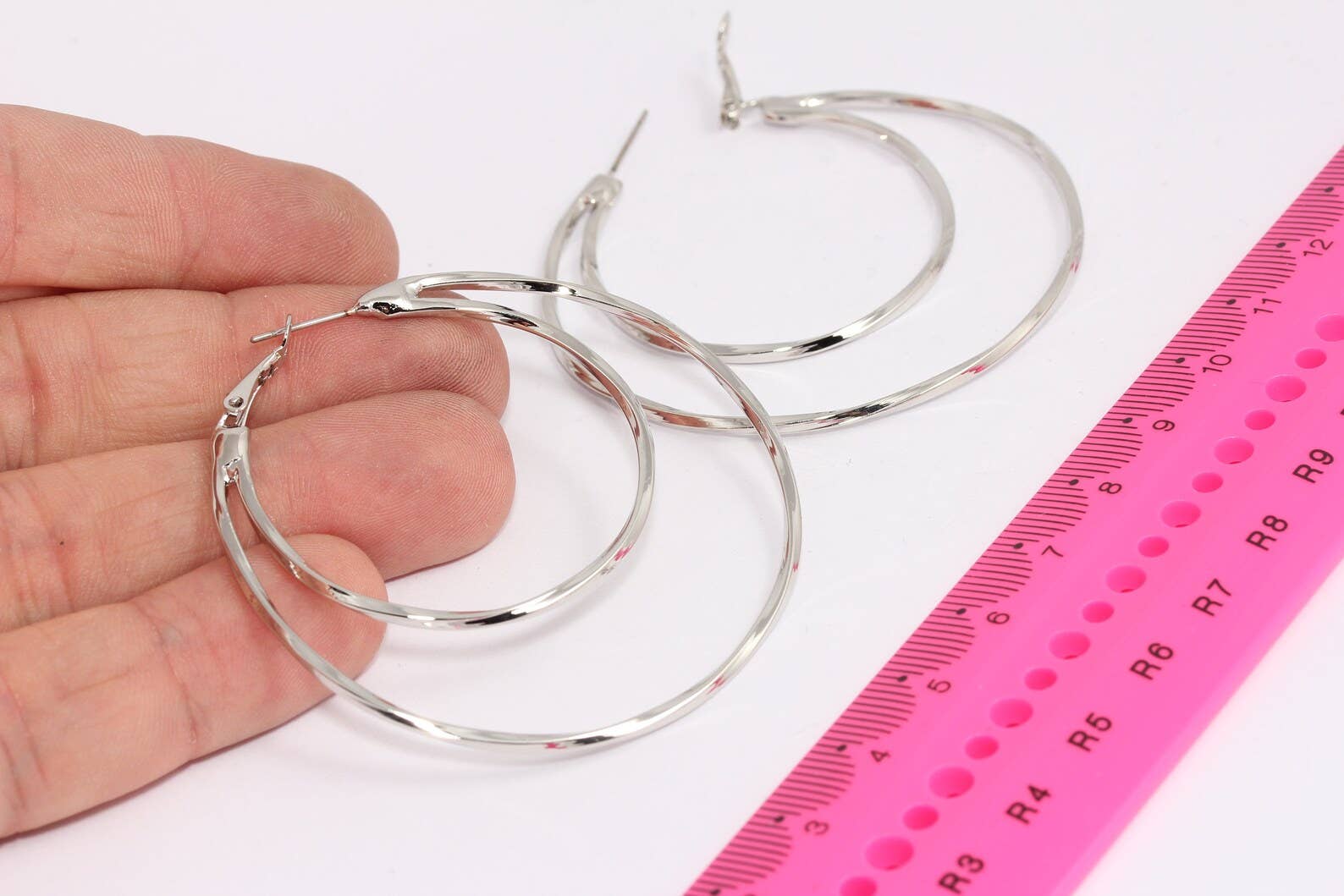 QueenJewelryM - Wholesale Hoop Earrings - 58mm Rhodium Plated Large Half Moon Hoop Earrings, CHK597-10