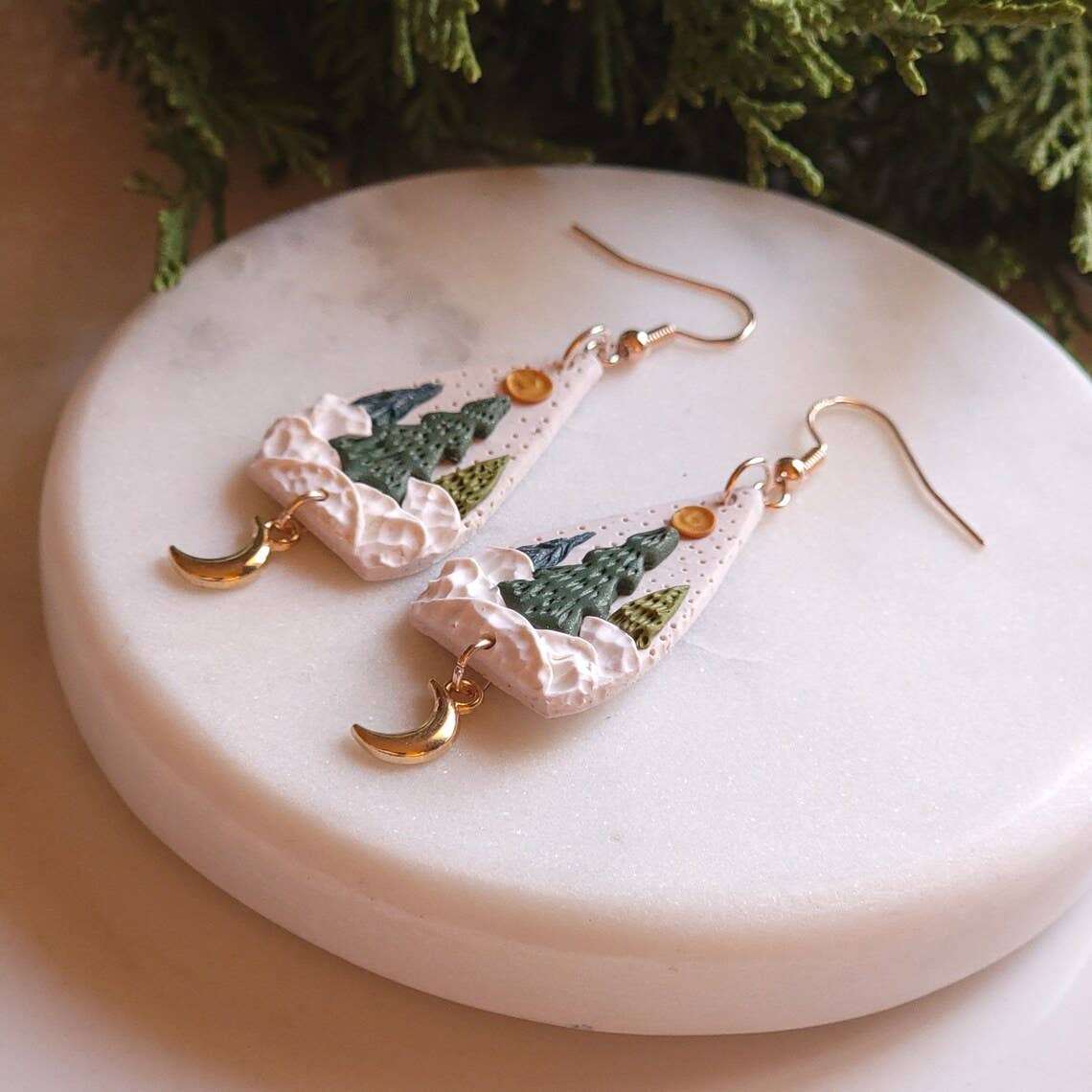 Foxy Method - Wholesale Dangle Earrings - Enchanted Christmas Tree Winter Clay Gold Moon Earrings2