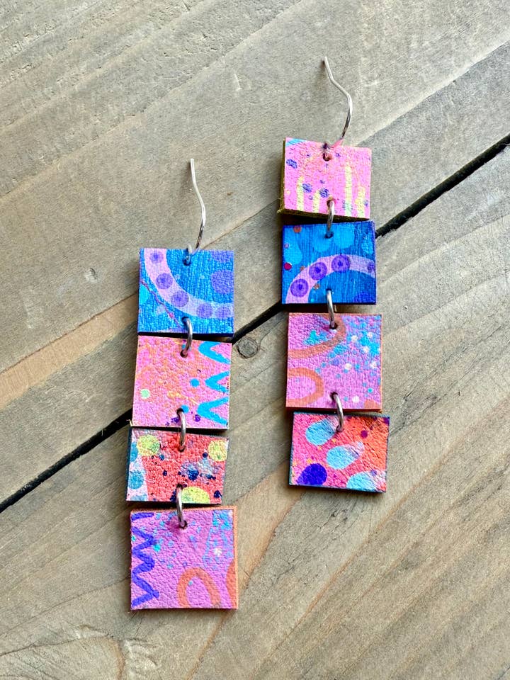 No. 90 | faux leather square hand painted dangle earrings for wholesale by enika
