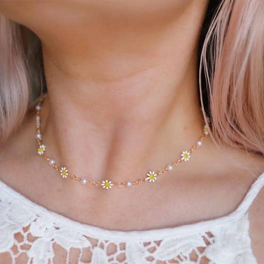 Daisy Pearl Golden Chain Choker: Floral Boho Necklace for wholesale by bohemians closet