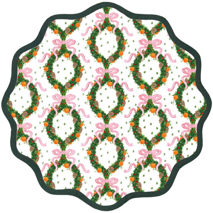 Fenwick Fields - Wholesale Placemat - Round Scalloped Placemat | Holiday Wreath Peony Pink with Pine Trim (4 pack)