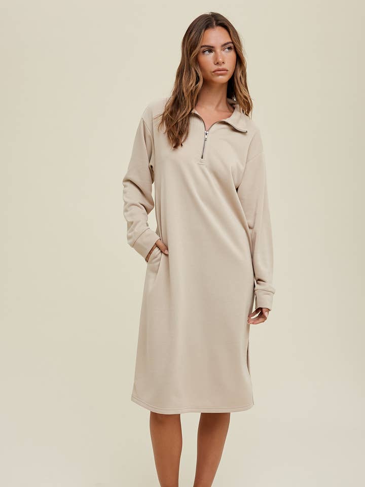 FRENCH TERRY HALF-ZIP MOCK NECK MIDI DRESS / WL22-7518 for wholesale by Wishlist Apparel
