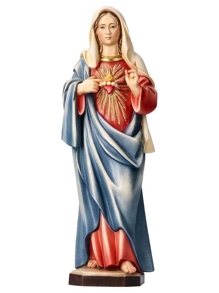 Håndskåret træfigur af Den hellige Marias hellige hjerte i forskellige størrelser for engroshandel hos Costa Articoli Religiosi