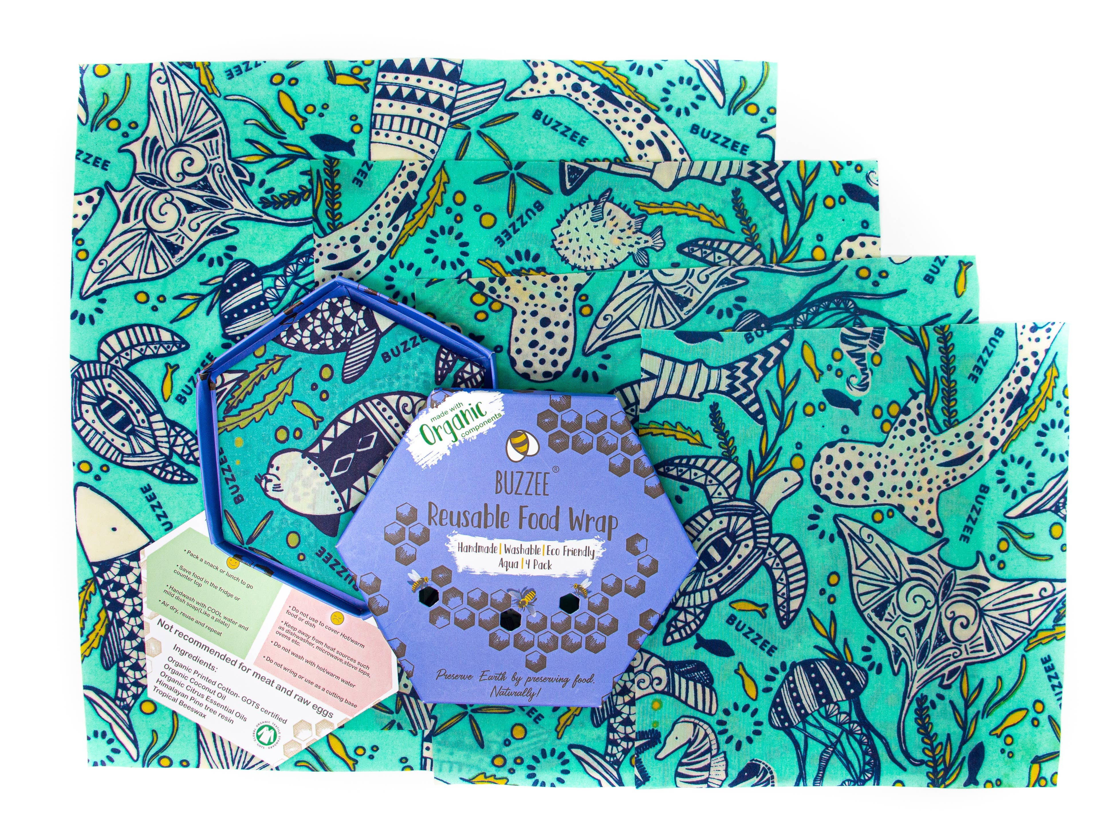 Buzzee - Vendita all'ingrosso Involucro/sacchetto per alimenti - Involucri alimentari riutilizzabili in cera d'api AQUA - 4 confezioni6