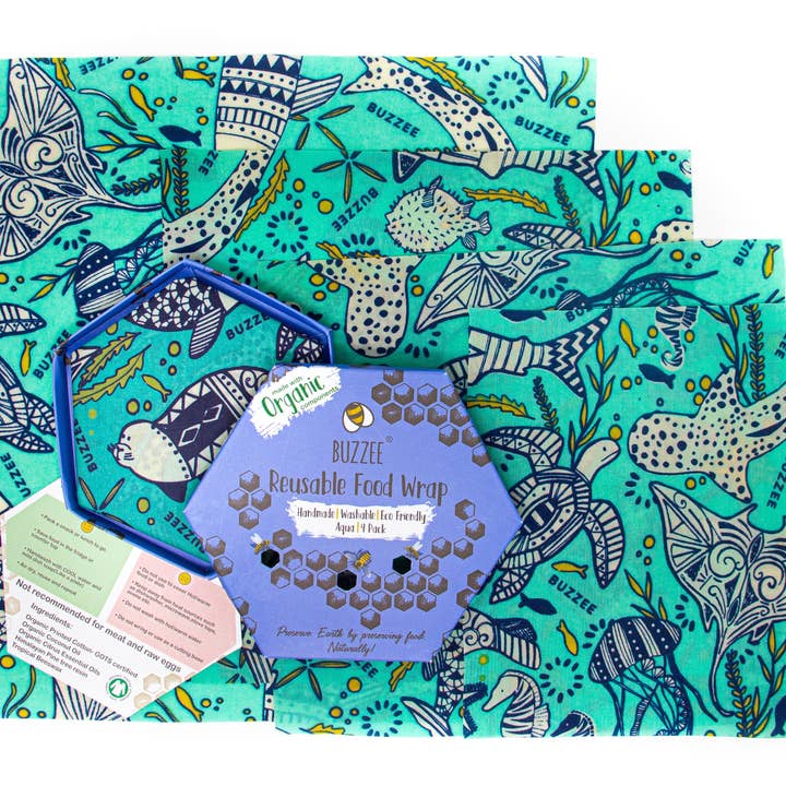 Buzzee - Wholesale Food storage wrap/bag - Reusable Beeswax Food Wraps - AQUA - 4 wraps / Pack6
