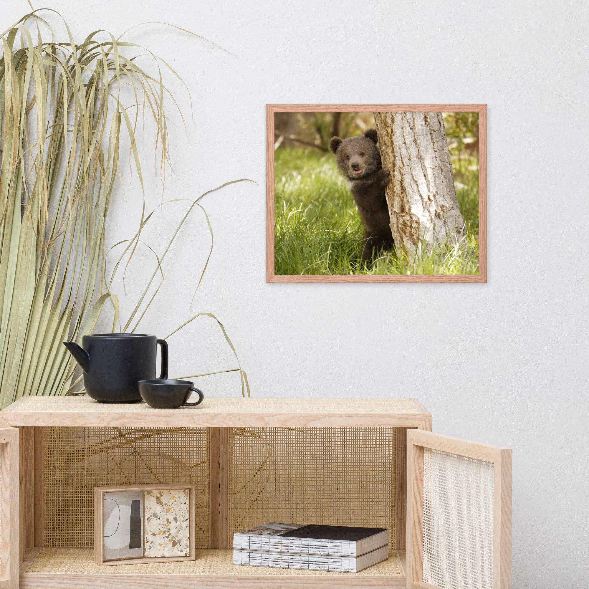 Pipa Wall Art & Home Decor - Wholesale Art Print - Cute Baby Grizzly Bear Cub Behind Tree In Meadow Framed Art10