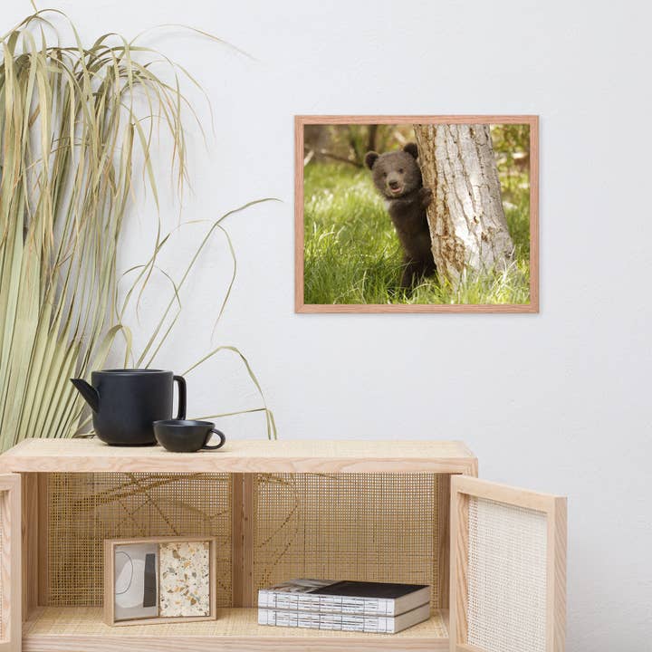 Pipa Wall Art & Home Decor - Wholesale Art Print - Cute Baby Grizzly Bear Cub Behind Tree In Meadow Framed Art10
