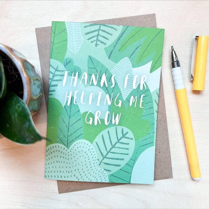 'Thanks For Helping Me Grow' Recycled Coffee Cup Card. for wholesale by Coffee Cup Cards