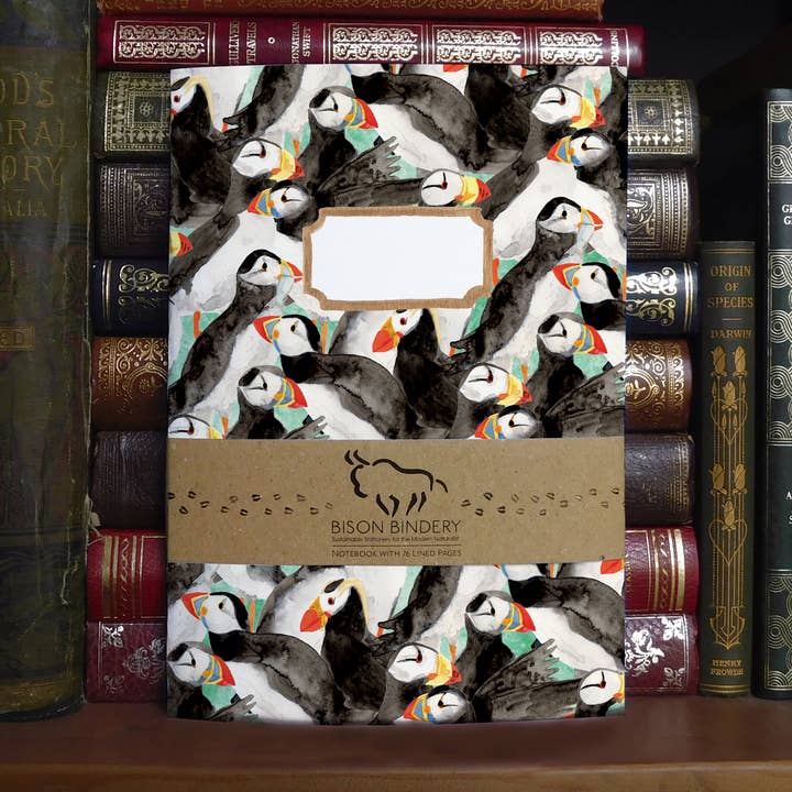 Improbability of Puffins A5 Recycled Notebook 76 Lined Pages for wholesale by Bison Bindery