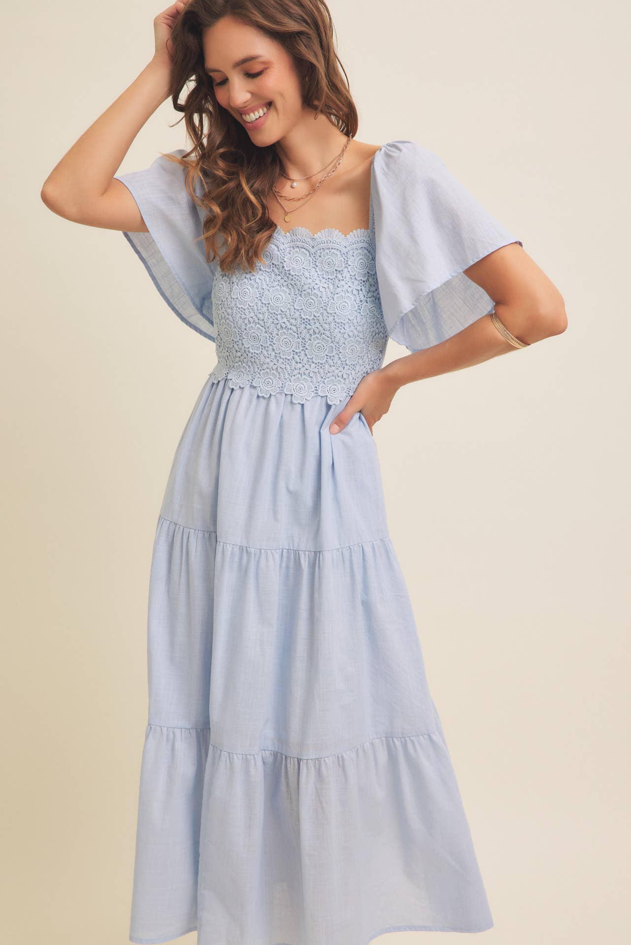 in february - Wholesale Dress - Women's - ESSENCE OF FALL TIERED CROCHET MIDI DRESS WITH FLUTTER SLVS1