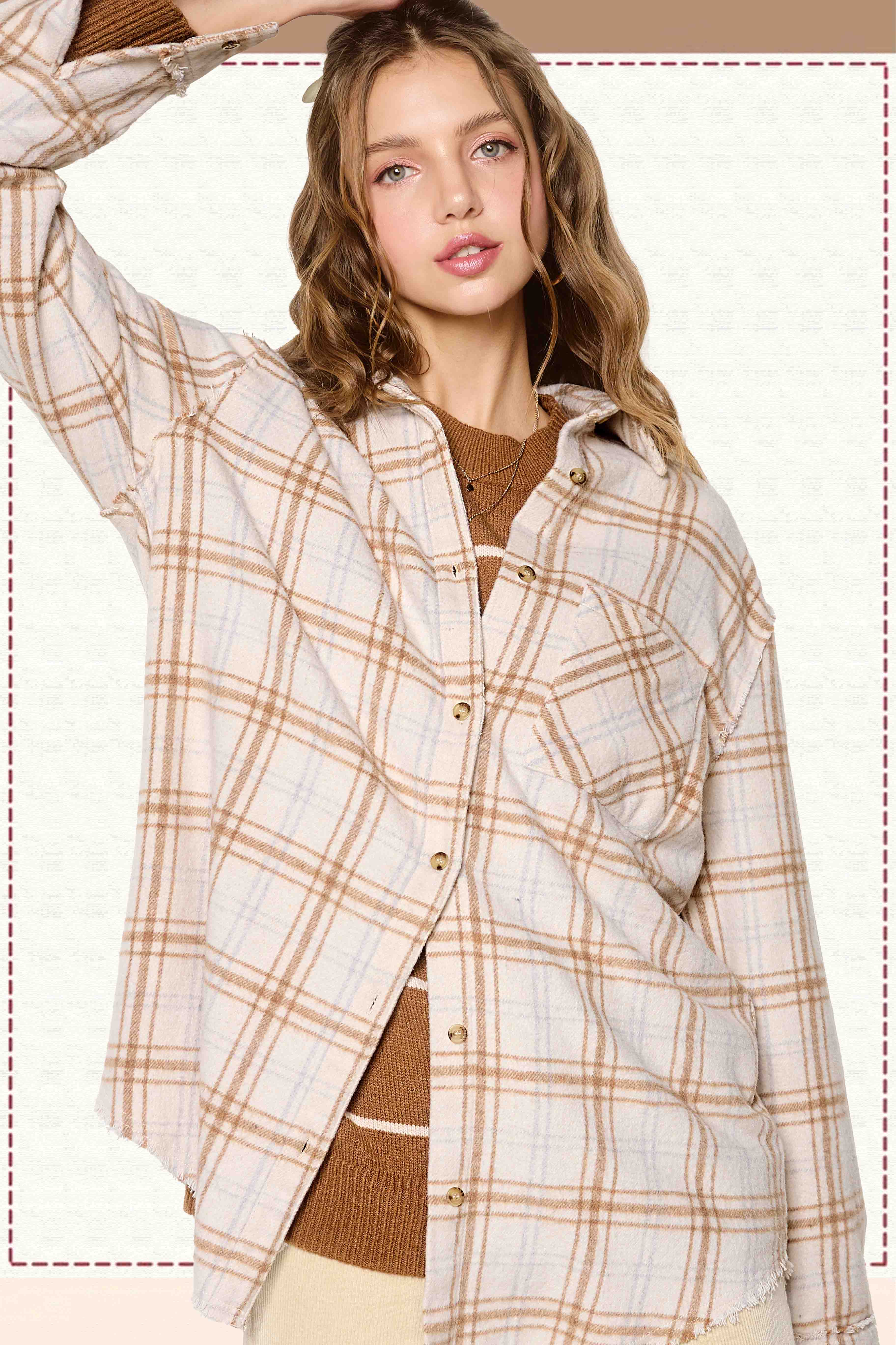 La Miel - Venta al por mayor Camisa con botones - Mujer - Camisas a cuadros de tela suave con botones lavados con minerales SRT1371-Mineral4