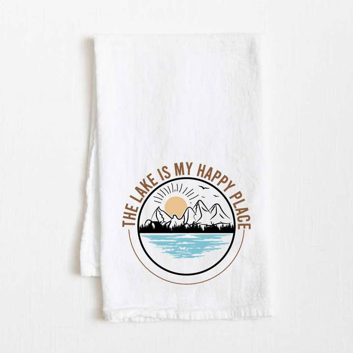 The Lake Is My Happy Place Flour Sack Kitchen Towel - 36” x 32” for wholesale by Towel Town