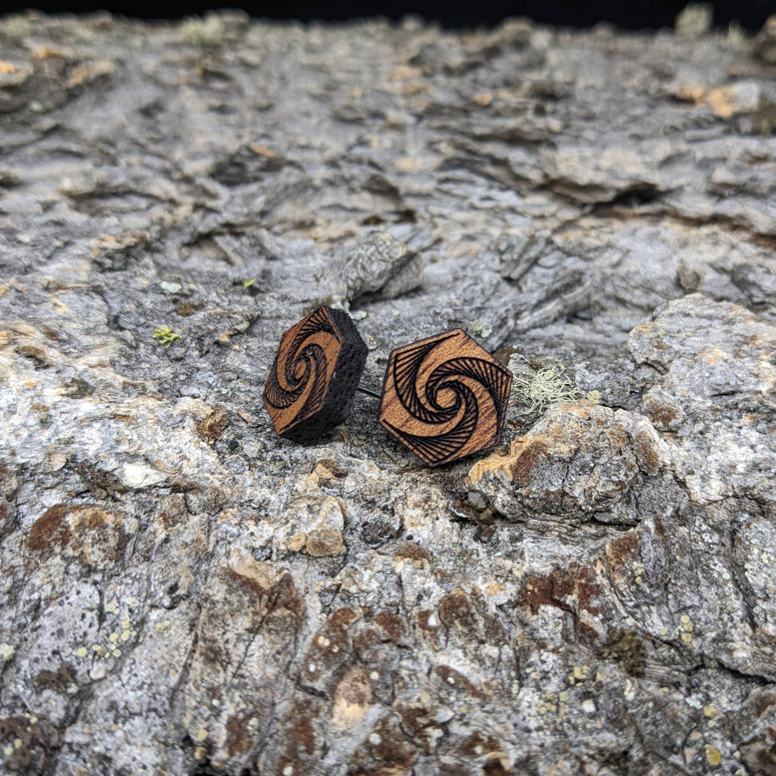 The Forest and Forge - Wholesale Stud/Post Earrings - Etched Hexagon Wood Stud Earrings2
