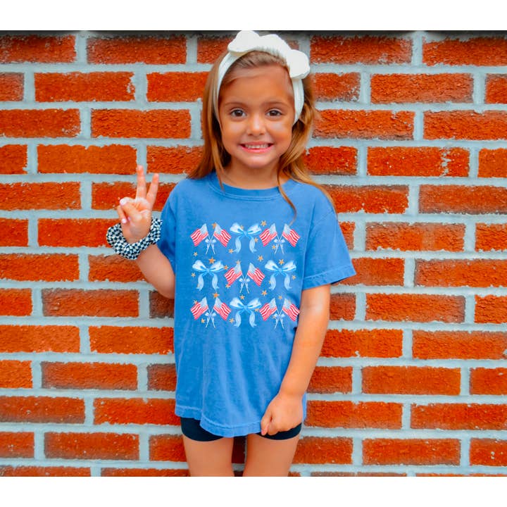 Gia Gifts Boutique - Wholesale Screen Printed T-Shirt - Kids - YOUTH Coquette America Flags & Bows Graphic Tee| 4th of July