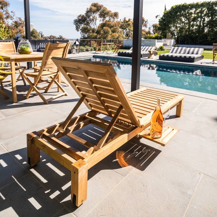 Nordic Teak - Wholesale Chaise Lounge - Nordic Teak Natural Outdoor Chaise Lounger with Side Table