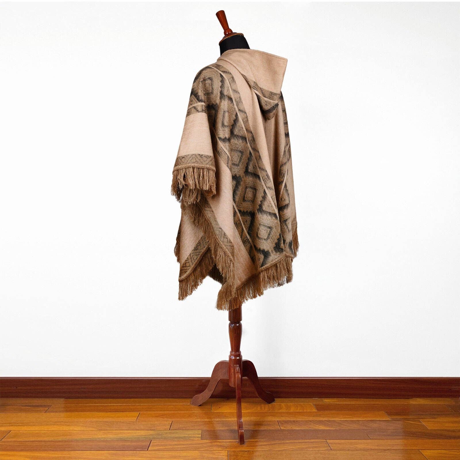 ECUALAMA – wholesale Poncho – Women's – Conambo - Lightweight Baby Alpaca Fringed Hooded Poncho - Taupe & Charcoal - Unisex9