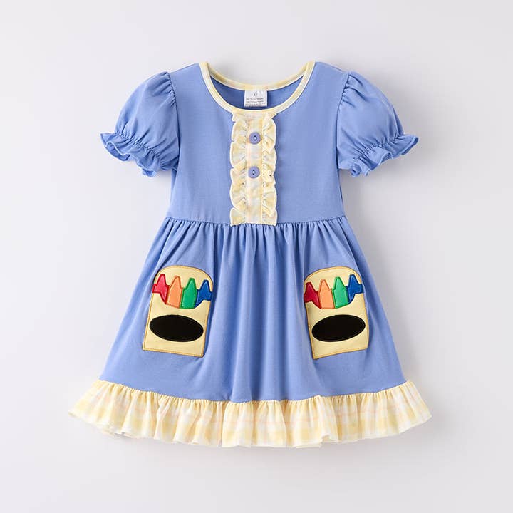 Auraquise - Wholesale Dress - Kids - Girls Back To School Crayon Applique Short Sleeve Dress