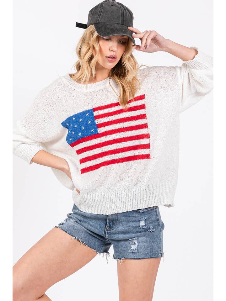 WHITE RED BLUE AMERICAN FLAG SWEATER TOP for wholesale on Faire