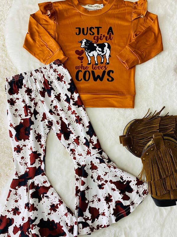Western "JUST A GIRL WHO LOVES COWS" cowhide 2pc girls set for wholesale by luluclothes