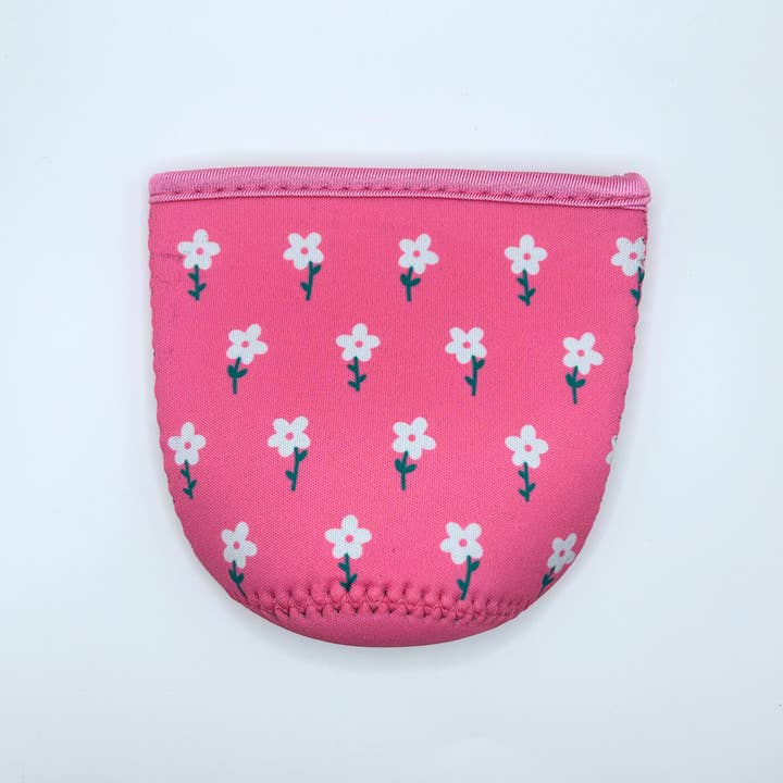 Sun and Mind Co. - Wholesale Drink Huggers & Koozies - Pink and White Flower Field Iced Coffee Drink Sleeve1