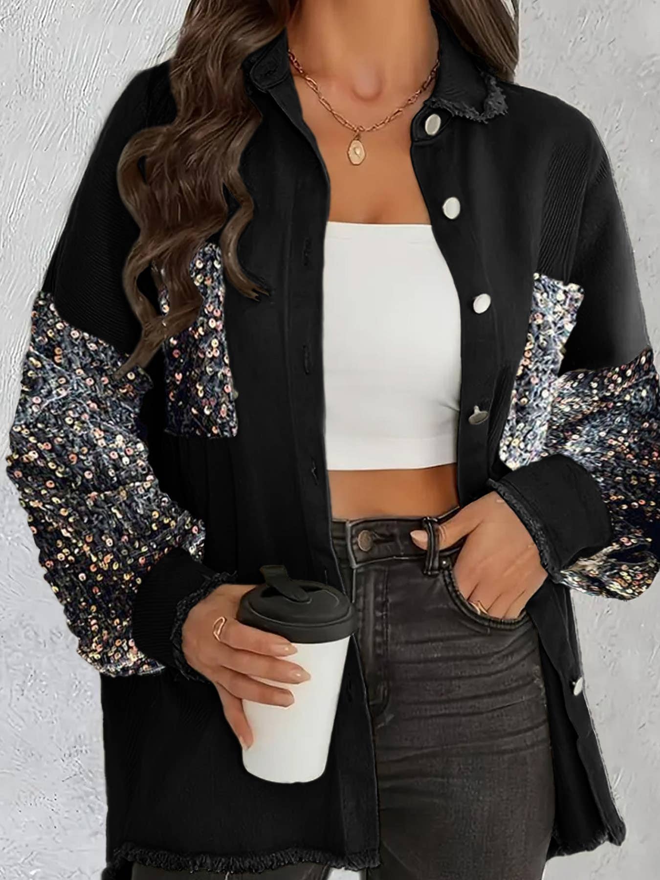 ElevateWell - Vente Veste en jean – femme - Veste en jean vintage à sequins à manches longues0