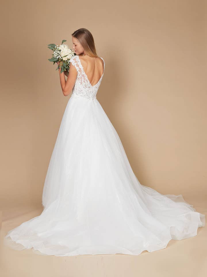 Off White Long Cap Sleeve Lace Wedding Dress for wholesale on Faire0