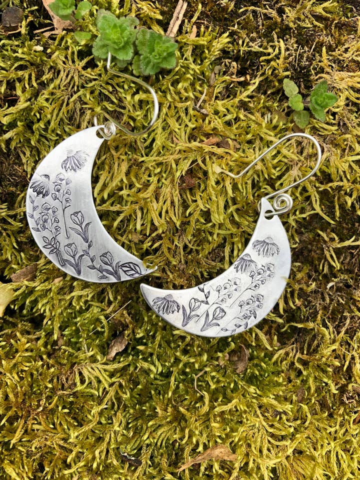 Wildflower moon earrings in silver earrings, small for wholesale by Rising Dawn Boutique