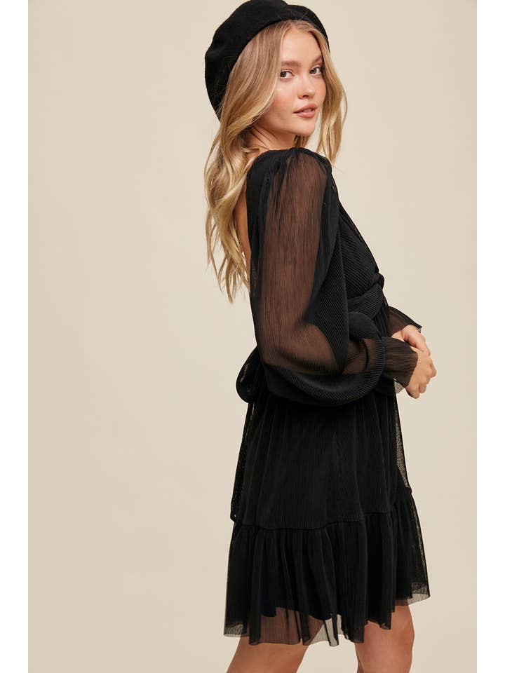 Black Pleated Chiffon Open Back Mini Dress LD1283 for wholesale on Faire4