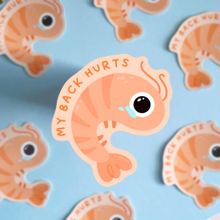 My Back Hurts: Die-Cut Vinyl Stickers, Crying Shrimp for wholesale by Ouri Studio