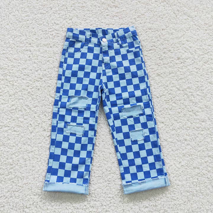 Baby Boys Blue Checkered Denim Cool Pants for wholesale by Aier Wholesale