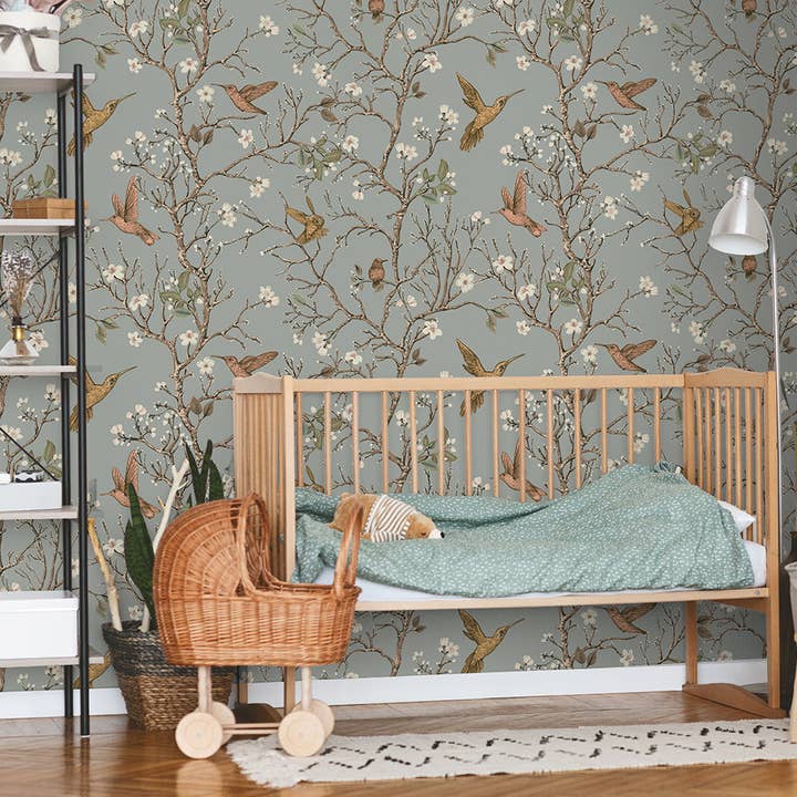 Papel pintado de guardería con pájaros de Chinoiserie, mural de pared oscuro y elegante para venta al por mayor de SimurgWallArts