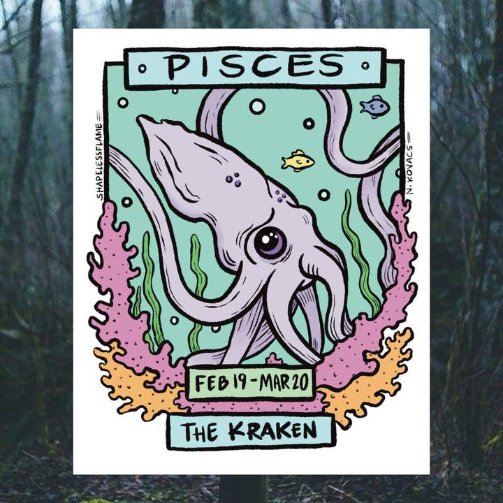 Shapelessflame - Venta al por mayor Ilustración - Lámina artística sobre el zodíaco críptido de Piscis, el Kraken, 8 x 10