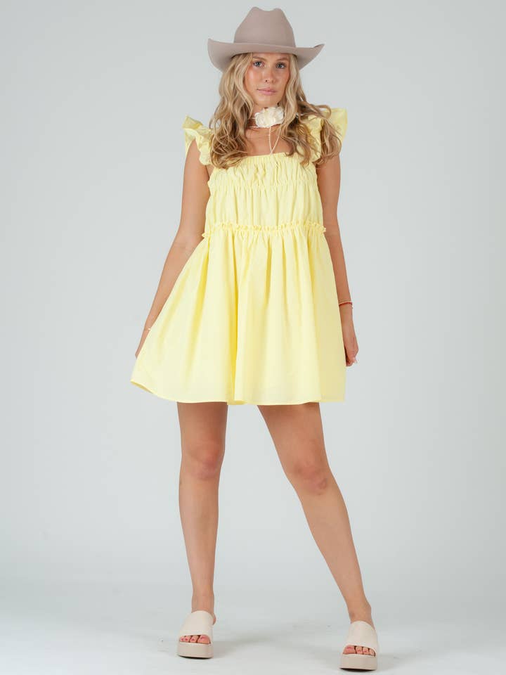 Poplin tiered flutter sleeve Mini dress in Yellow for wholesale by Lucca Couture