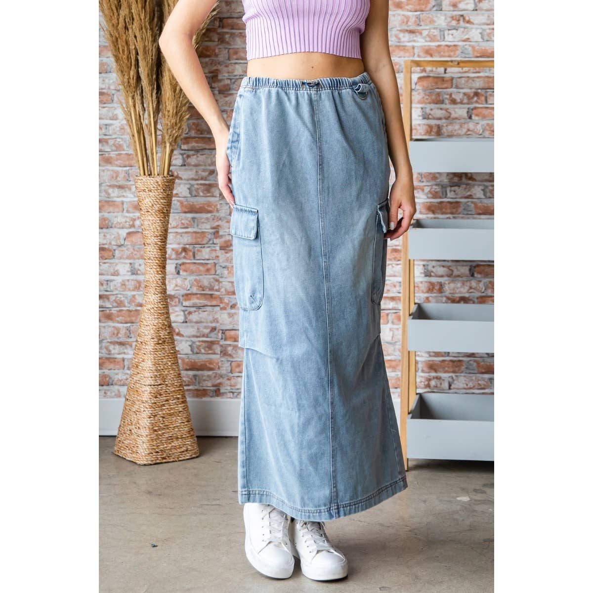 Med Wash Denim Cargo Full Long Skirt for wholesale on Faire3