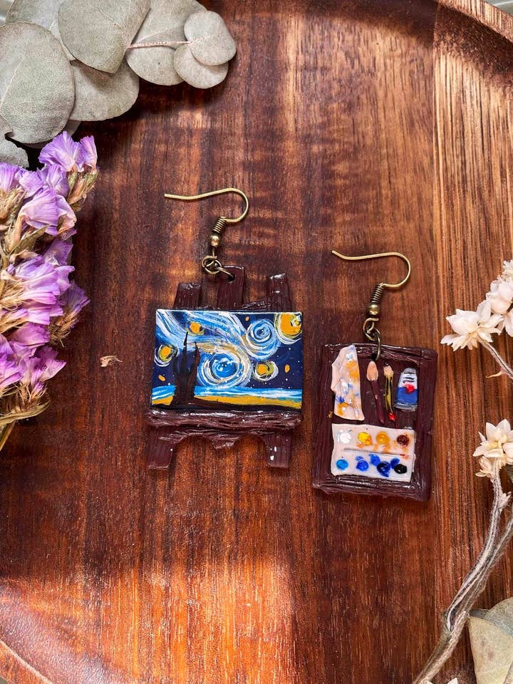 Boucles d'oreilles en pâte polymère - Nuit étoilée | Van Gogh Jewellery pour la vente par PrettySpookyDesigns