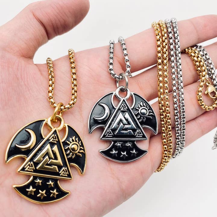 Mio Queena - Wholesale Pendant/Charm Necklace - Valknut Sun Moon Stars Trinity Tomahawk Necklace - MJ/MNP