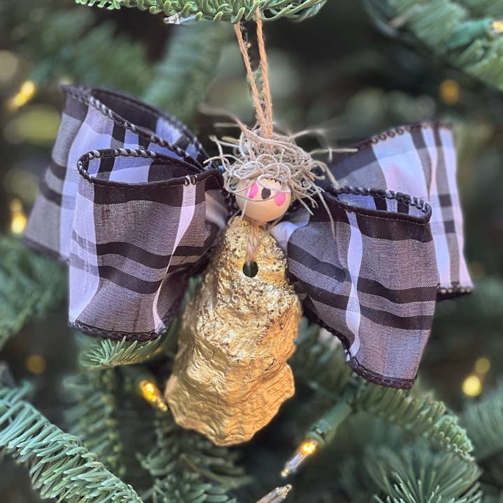 Oyster Angel Ornament -Black & White Silk Plaid for wholesale by The Painted Pearl