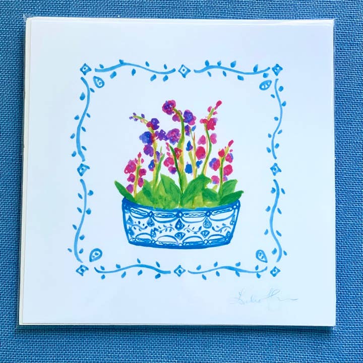 Impressão Artística de Orquídea Chinoiserie Azul por atacado de Lemondaisy Design