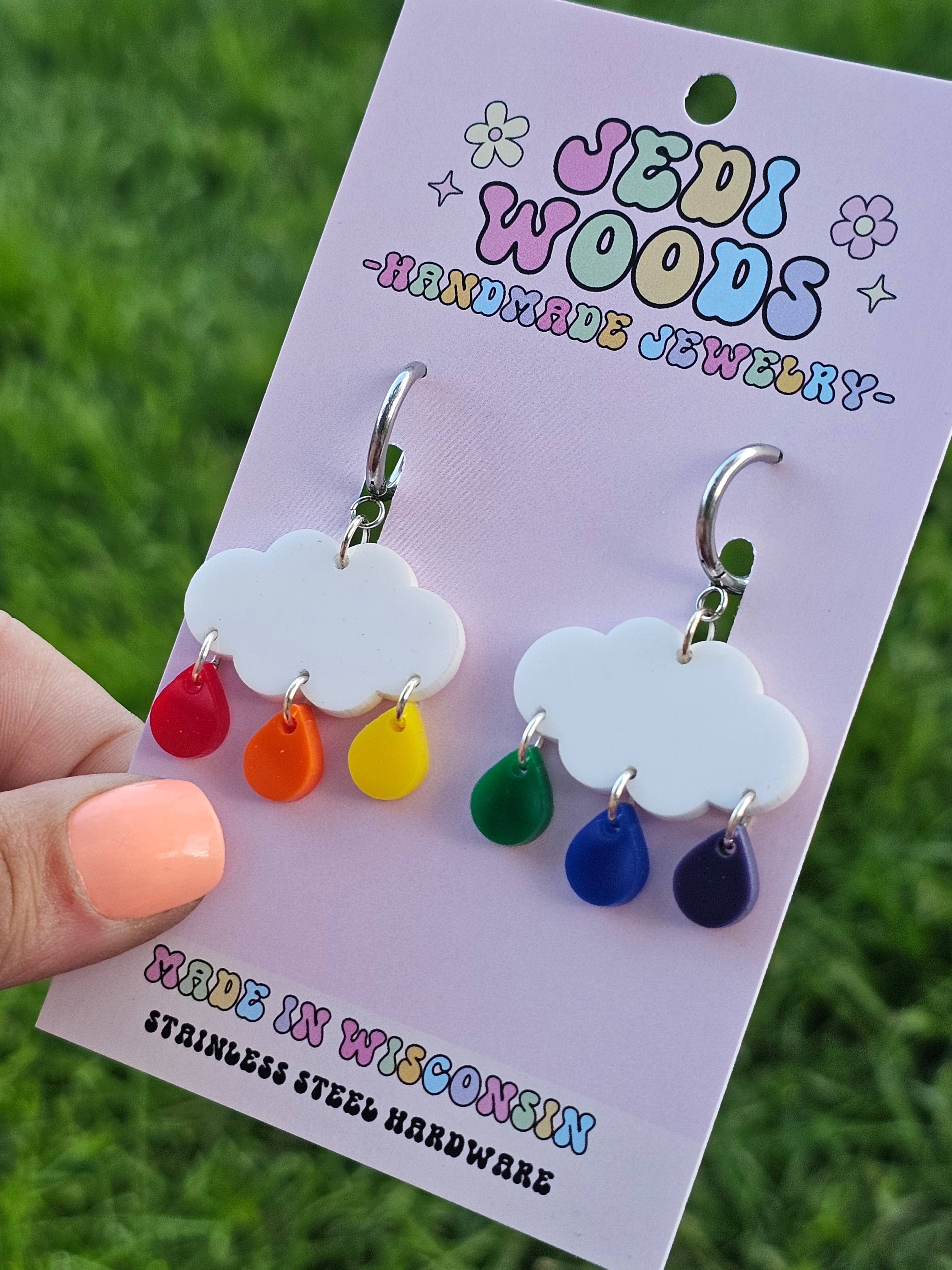 Jedi Woods LLC - Wholesale Dangle Earrings - Rainbow Raindrop Cloud Earrings with Single Rain Drops3