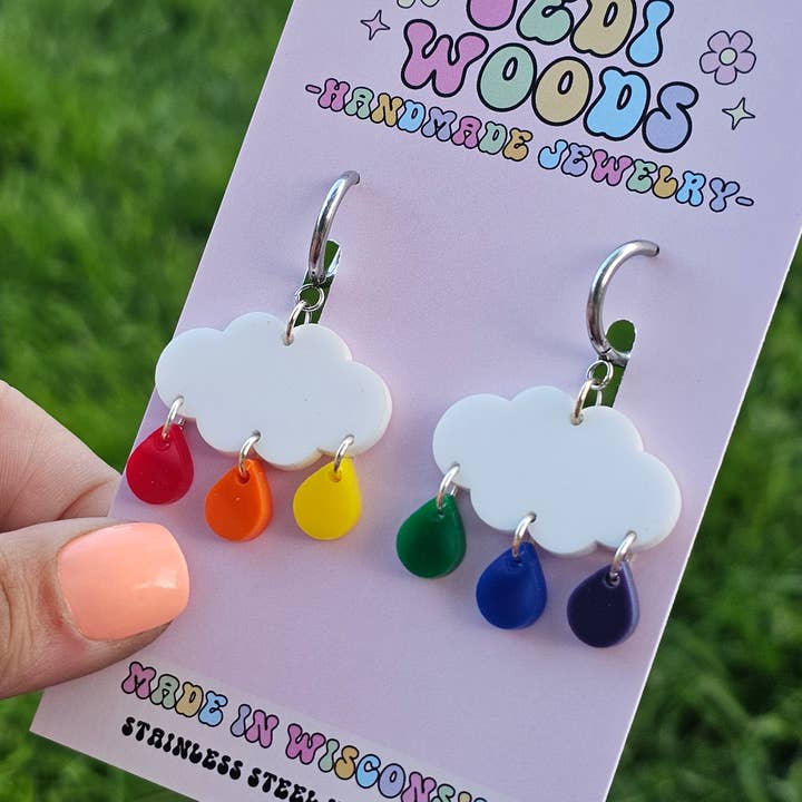 Jedi Woods LLC - Wholesale Dangle Earrings - Rainbow Raindrop Cloud Earrings with Single Rain Drops3