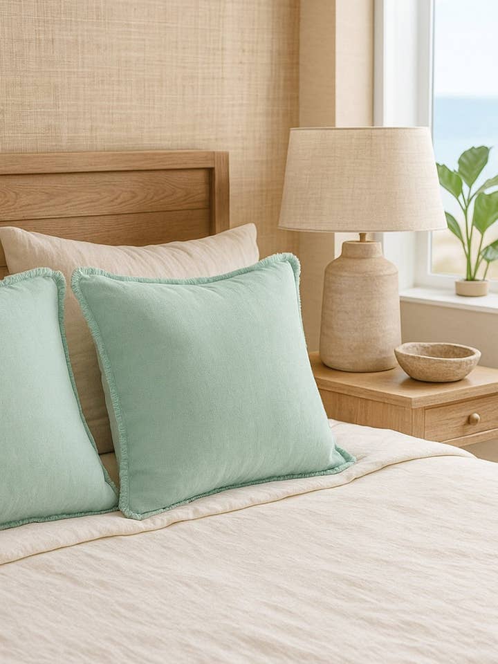 Cuscino Euro in Lino Morbido Verde Schiuma di Mare 26x26 per la vendita all'ingrosso da parte di Anaya Home