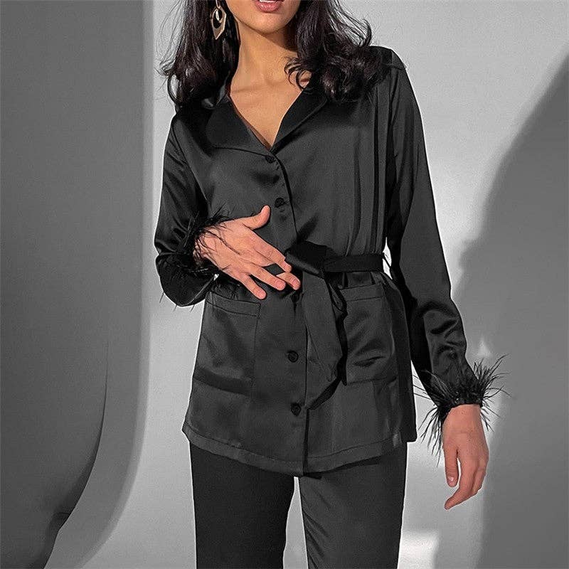 NOIR Ensemble de pyjama deux pièces en patchwork de plumes de couleur unie avec chemisier à manches longues et boutonnage simple en vente sur Faire2